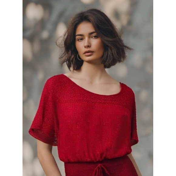 Roz & Ali Metallic Red Sweater Pullover Kimono Crochet Weave Sze Large EUC - Picture 1 of 10